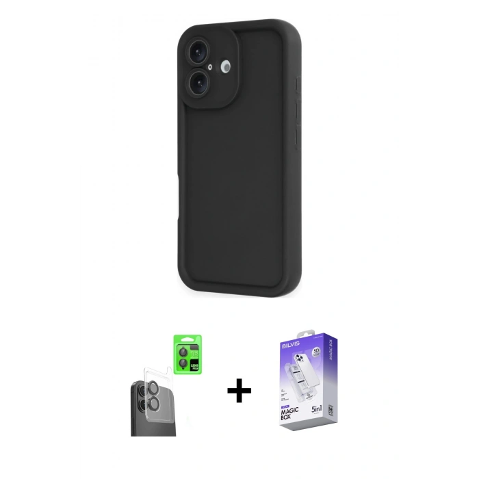 MARSİLYAN™- iPhone 16 Kılıf Yankı Yansıma Özel Seri - Siyah Bilvis 5in1 3D Magic Cam Ekran Koruyucu + Raze Metal Kamera Lens - SH