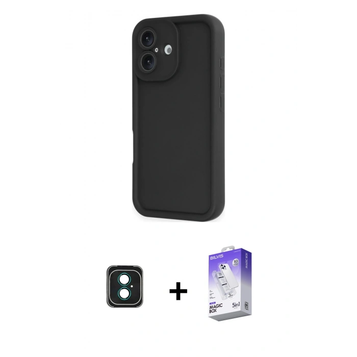 MARSİLYAN™- iPhone 16 Kılıf Yankı Yansıma Özel Seri - Siyah Bilvis 5in1 3D Magic Cam Ekran Koruyucu + PVD Metal Kamera Lens - YL