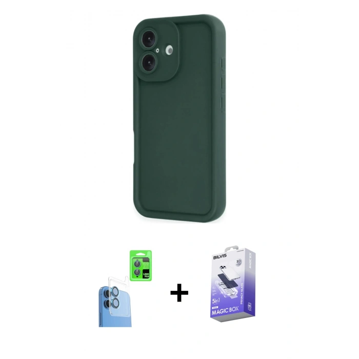 MARSİLYAN™- iPhone 16 Kılıf Yankı Yansıma Özel Seri - Siyah Bilvis 5in1 5D Magic Hayalet Cam Ekran Koruyucu + Raze Metal Kamera Lens - LT