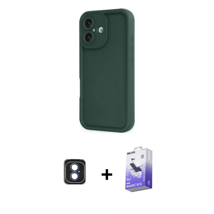 MARSİLYAN™- iPhone 16 Kılıf Yankı Yansıma Özel Seri - Siyah Bilvis 5in1 5D Magic Hayalet Cam Ekran Koruyucu + Mavi PVD Metal Kamera Lens