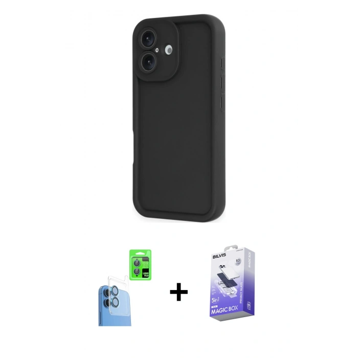 MARSİLYAN™- iPhone 16 Kılıf Yankı Yansıma Özel Seri - Siyah Bilvis 5in1 5D Magic Hayalet Cam Ekran Koruyucu + Raze Metal Kamera Lens - LT