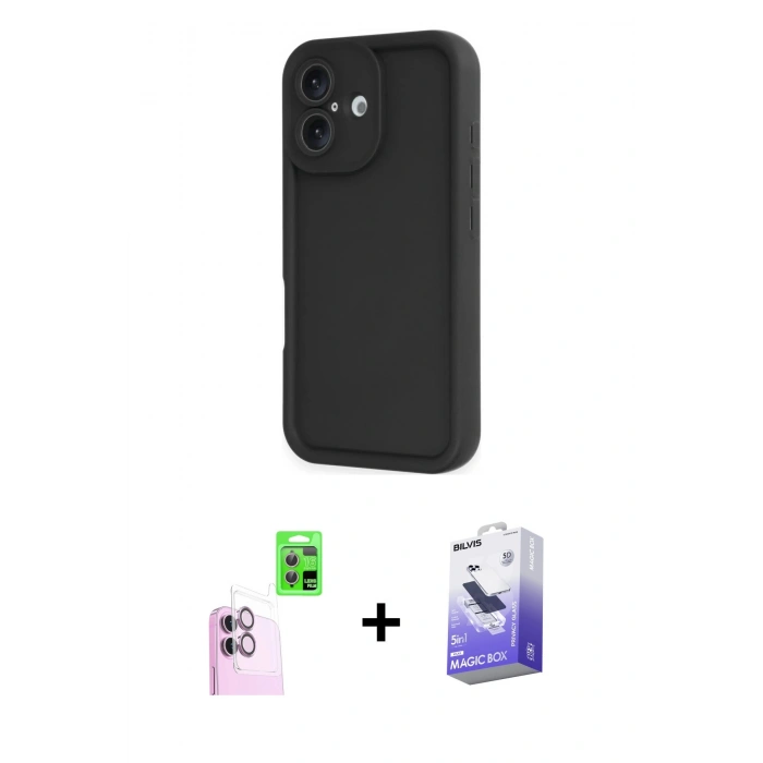 MARSİLYAN™- iPhone 16 Kılıf Yankı Yansıma Özel Seri - Siyah Bilvis 5in1 5D Magic Hayalet Cam Ekran Koruyucu + Raze Metal Kamera Lens - PE