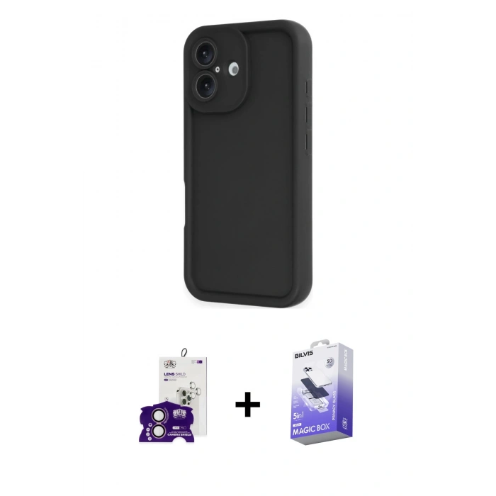 MARSİLYAN™- iPhone 16 Kılıf Yankı Yansıma Özel Seri - Siyah Bilvis 5in1 5D Magic Hayalet Cam Ekran Koruyucu + Bilvis Titan Kamera Lens - PE