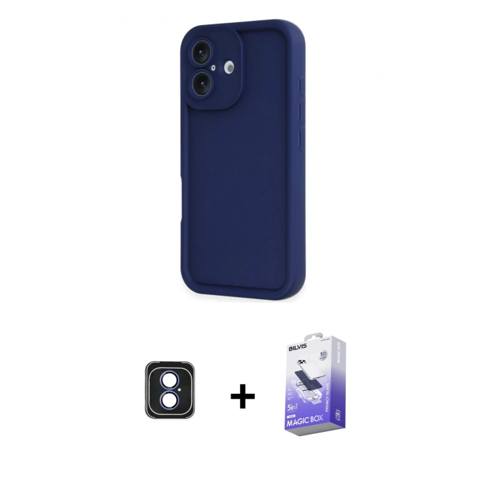 MARSİLYAN™- iPhone 16 Kılıf Yankı Yansıma Özel Seri - Siyah Bilvis 5in1 5D Magic Hayalet Cam Ekran Koruyucu + Mavi PVD Metal Kamera Lens