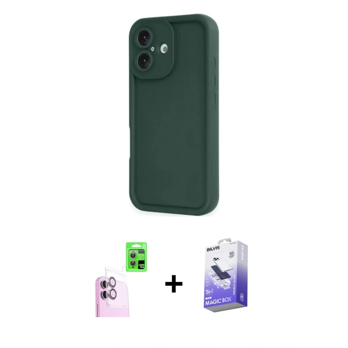 MARSİLYAN™- iPhone 16 Kılıf Yankı Yansıma Özel Seri - Siyah Bilvis 5in1 5D Magic Hayalet Cam Ekran Koruyucu + Raze Metal Kamera Lens - PE