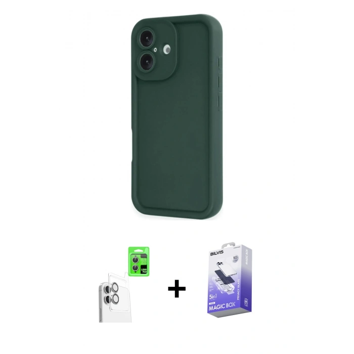 MARSİLYAN™- iPhone 16 Kılıf Yankı Yansıma Özel Seri - Siyah Bilvis 5in1 5D Magic Hayalet Cam Ekran Koruyucu + Raze Metal Kamera Lens - BZ
