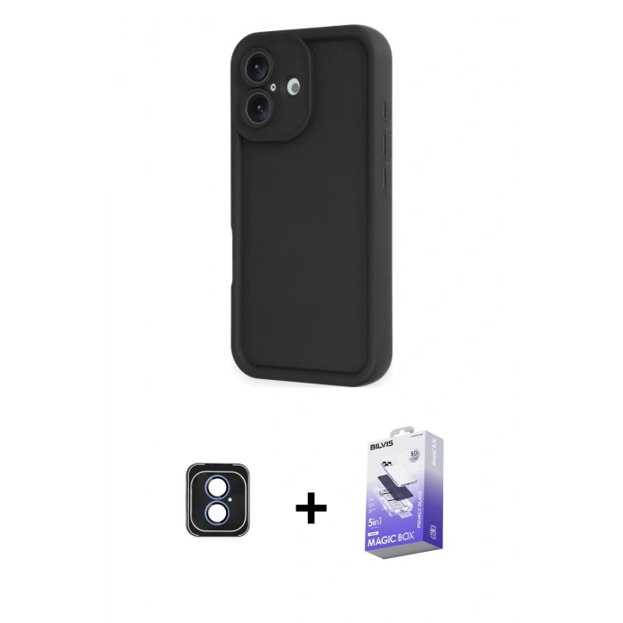 MARSİLYAN™- iPhone 16 Kılıf Yankı Yansıma Özel Seri - Siyah Bilvis 5in1 5D Magic Hayalet Cam Ekran Koruyucu + Mavi PVD Metal Kamera Lens