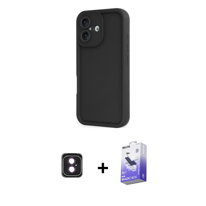 MARSİLYAN™- iPhone 16 Kılıf Yankı Yansıma Özel Seri - Siyah Bilvis 5in1 5D Magic Hayalet Cam Ekran Koruyucu + PVD Metal Kamera Lens - PE