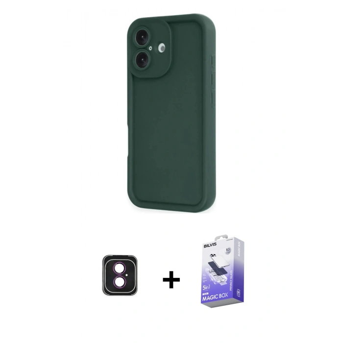 MARSİLYAN™- iPhone 16 Kılıf Yankı Yansıma Özel Seri - Siyah Bilvis 5in1 5D Magic Hayalet Cam Ekran Koruyucu + PVD Metal Kamera Lens - PE
