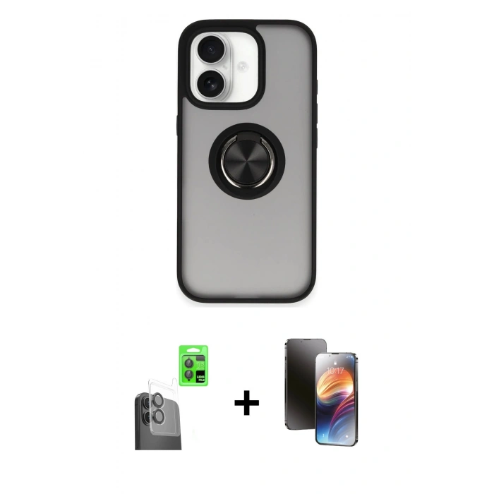 MARSİLYAN™- iPhone 16 Kılıf Yörünge Çizgi - Siyah 3D Antistatik Mat Seramik Nano Ekran Koruyucu + Raze Metal Kamera Lens - SH