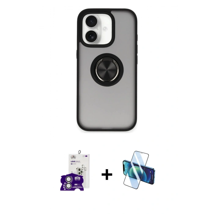 MARSİLYAN™- iPhone 16 Kılıf Yörünge Çizgi - Siyah 3D Antistatik Seramik Nano Ekran Koruyucu + Bilvis Titan Kamera Lens - GS