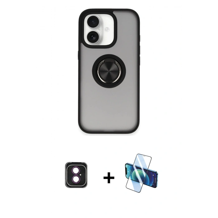MARSİLYAN™- iPhone 16 Kılıf Yörünge Çizgi - Siyah 3D Antistatik Seramik Nano Ekran Koruyucu + PVD Metal Kamera Lens - PE