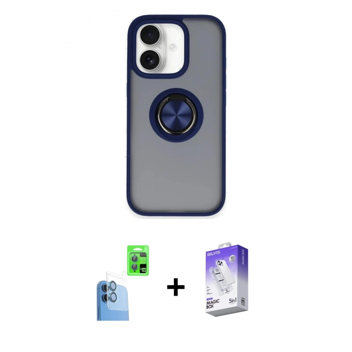 MARSİLYAN™- iPhone 16 Kılıf Yörünge Çizgi - Siyah Bilvis 5in1 3D Magic Cam Ekran Koruyucu + Raze Metal Kamera Lens - LT