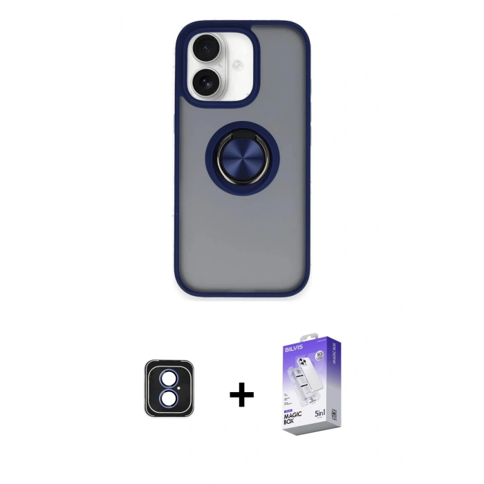 MARSİLYAN™- iPhone 16 Kılıf Yörünge Çizgi - Siyah Bilvis 5in1 3D Magic Cam Ekran Koruyucu + PVD Metal Kamera Lens - MI