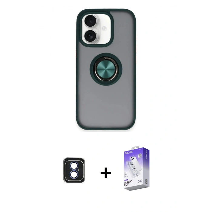 MARSİLYAN™- iPhone 16 Kılıf Yörünge Çizgi - Siyah Bilvis 5in1 3D Magic Cam Ekran Koruyucu + PVD Metal Kamera Lens - MI