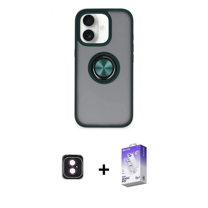 MARSİLYAN™- iPhone 16 Kılıf Yörünge Çizgi - Siyah Bilvis 5in1 3D Magic Cam Ekran Koruyucu + PVD Metal Kamera Lens - PE