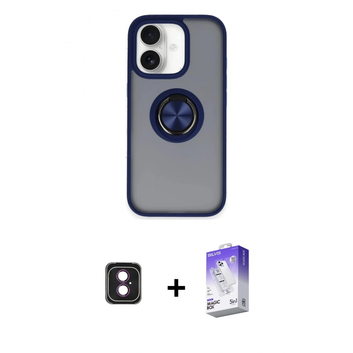 MARSİLYAN™- iPhone 16 Kılıf Yörünge Çizgi - Siyah Bilvis 5in1 3D Magic Cam Ekran Koruyucu + PVD Metal Kamera Lens - PE