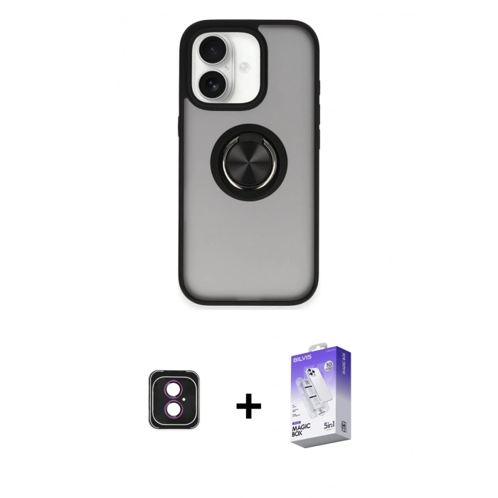 MARSİLYAN™- iPhone 16 Kılıf Yörünge Çizgi - Siyah Bilvis 5in1 3D Magic Cam Ekran Koruyucu + PVD Metal Kamera Lens - PE