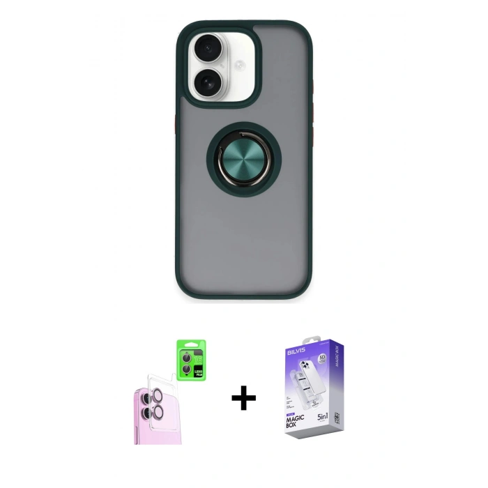 MARSİLYAN™- iPhone 16 Kılıf Yörünge Çizgi - Siyah Bilvis 5in1 3D Magic Cam Ekran Koruyucu + Raze Metal Kamera Lens - PE
