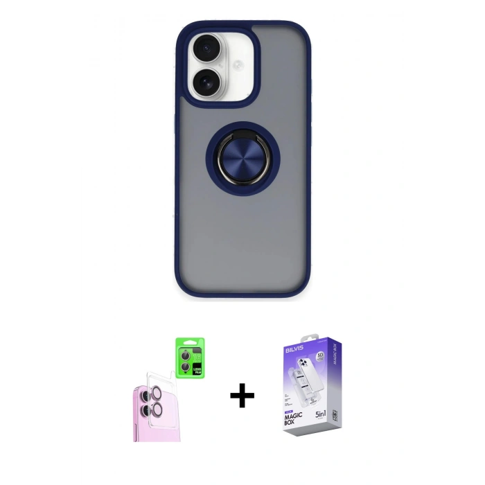 MARSİLYAN™- iPhone 16 Kılıf Yörünge Çizgi - Siyah Bilvis 5in1 3D Magic Cam Ekran Koruyucu + Raze Metal Kamera Lens - PE