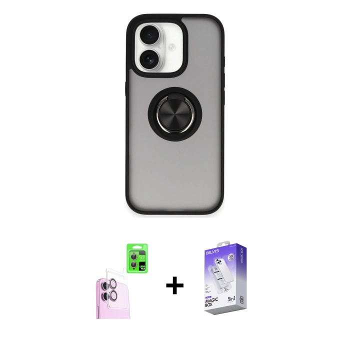 MARSİLYAN™- iPhone 16 Kılıf Yörünge Çizgi - Siyah Bilvis 5in1 3D Magic Cam Ekran Koruyucu + Raze Metal Kamera Lens - PE