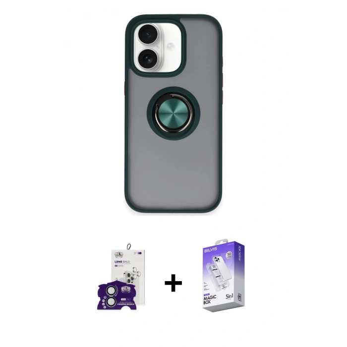 MARSİLYAN™- iPhone 16 Kılıf Yörünge Çizgi - Siyah Bilvis 5in1 3D Magic Cam Ekran Koruyucu + Bilvis Titan Kamera Lens - YL
