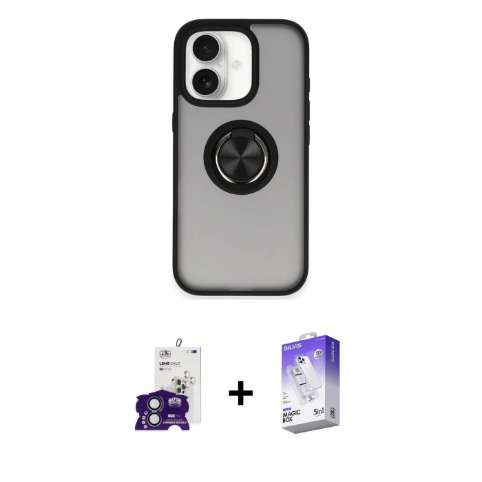 MARSİLYAN™- iPhone 16 Kılıf Yörünge Çizgi - Siyah Bilvis 5in1 3D Magic Cam Ekran Koruyucu + Bilvis Titan Kamera Lens - YL
