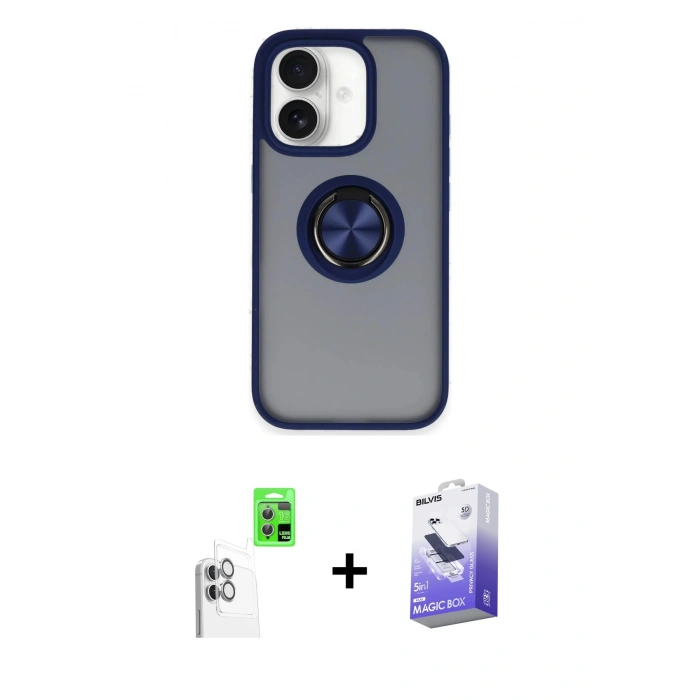 MARSİLYAN™- iPhone 16 Kılıf Yörünge Çizgi - Siyah Bilvis 5in1 5D Magic Hayalet Cam Ekran Koruyucu + Raze Metal Kamera Lens - BZ