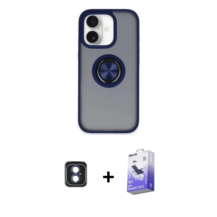 MARSİLYAN™- iPhone 16 Kılıf Yörünge Çizgi - Siyah Bilvis 5in1 5D Magic Hayalet Cam Ekran Koruyucu + PVD Metal Kamera Lens - MI