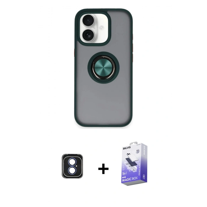 MARSİLYAN™- iPhone 16 Kılıf Yörünge Çizgi - Siyah Bilvis 5in1 5D Magic Hayalet Cam Ekran Koruyucu + PVD Metal Kamera Lens - MI