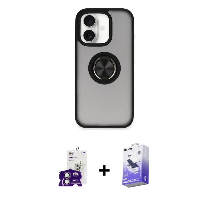 MARSİLYAN™- iPhone 16 Kılıf Yörünge Çizgi - Siyah Bilvis 5in1 5D Magic Hayalet Cam Ekran Koruyucu + Bilvis Titan Kamera Lens - PE