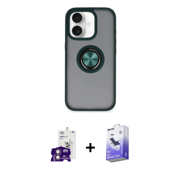 MARSİLYAN™- iPhone 16 Kılıf Yörünge Çizgi - Siyah Bilvis 5in1 5D Magic Hayalet Cam Ekran Koruyucu + Bilvis Titan Kamera Lens - PE