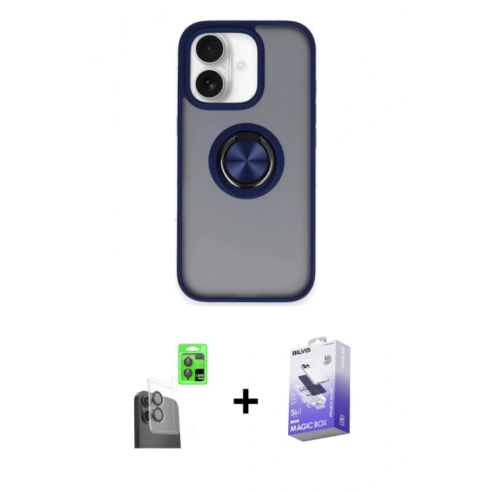 MARSİLYAN™- iPhone 16 Kılıf Yörünge Çizgi - Siyah Bilvis 5in1 5D Magic Hayalet Cam Ekran Koruyucu + Raze Metal Kamera Lens - SH