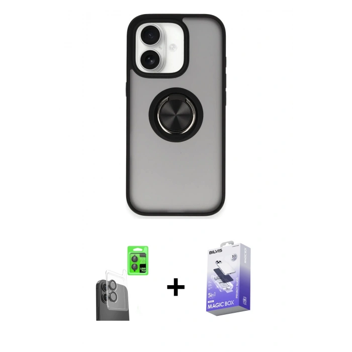 MARSİLYAN™- iPhone 16 Kılıf Yörünge Çizgi - Siyah Bilvis 5in1 5D Magic Hayalet Cam Ekran Koruyucu + Raze Metal Kamera Lens - SH