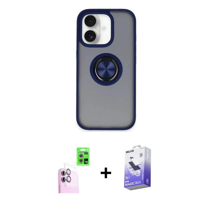 MARSİLYAN™- iPhone 16 Kılıf Yörünge Çizgi - Siyah Bilvis 5in1 5D Magic Hayalet Cam Ekran Koruyucu + Raze Metal Kamera Lens - PE