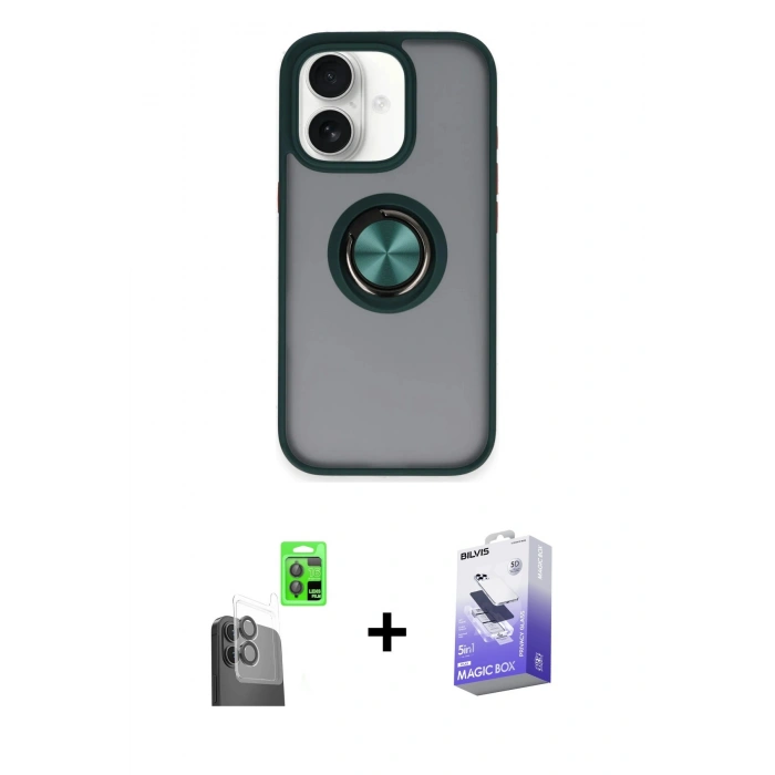 MARSİLYAN™- iPhone 16 Kılıf Yörünge Çizgi - Siyah Bilvis 5in1 5D Magic Hayalet Cam Ekran Koruyucu + Raze Metal Kamera Lens - SH