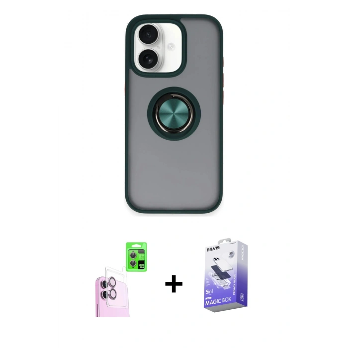 MARSİLYAN™- iPhone 16 Kılıf Yörünge Çizgi - Siyah Bilvis 5in1 5D Magic Hayalet Cam Ekran Koruyucu + Raze Metal Kamera Lens - PE