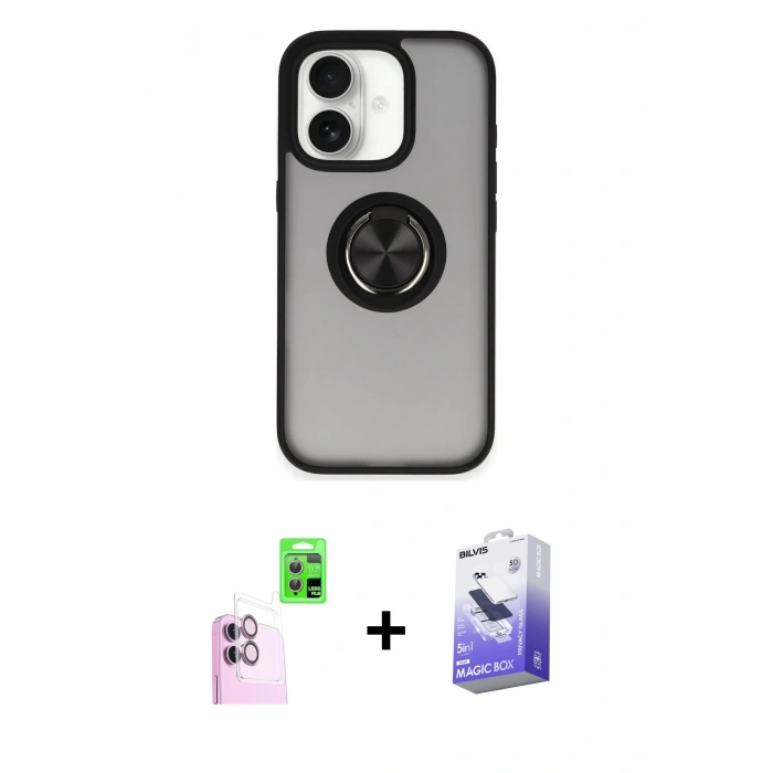 MARSİLYAN™- iPhone 16 Kılıf Yörünge Çizgi - Siyah Bilvis 5in1 5D Magic Hayalet Cam Ekran Koruyucu + Raze Metal Kamera Lens - PE