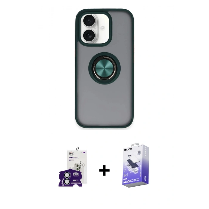 MARSİLYAN™- iPhone 16 Kılıf Yörünge Çizgi - Siyah Bilvis 5in1 5D Magic Hayalet Cam Ekran Koruyucu + Bilvis Titan Kamera Lens - YL