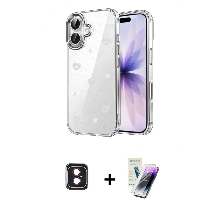MARSİLYAN™- iPhone 16 Kılıf Yörünge Form - Şeffaf Pasifik Cam Ekran Koruyucu + PVD Metal Kamera Lens - PE