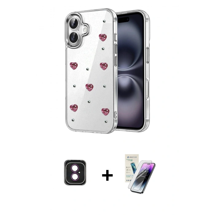 MARSİLYAN™- iPhone 16 Kılıf Yörünge Form - Şeffaf Pasifik Cam Ekran Koruyucu + PVD Metal Kamera Lens - PE
