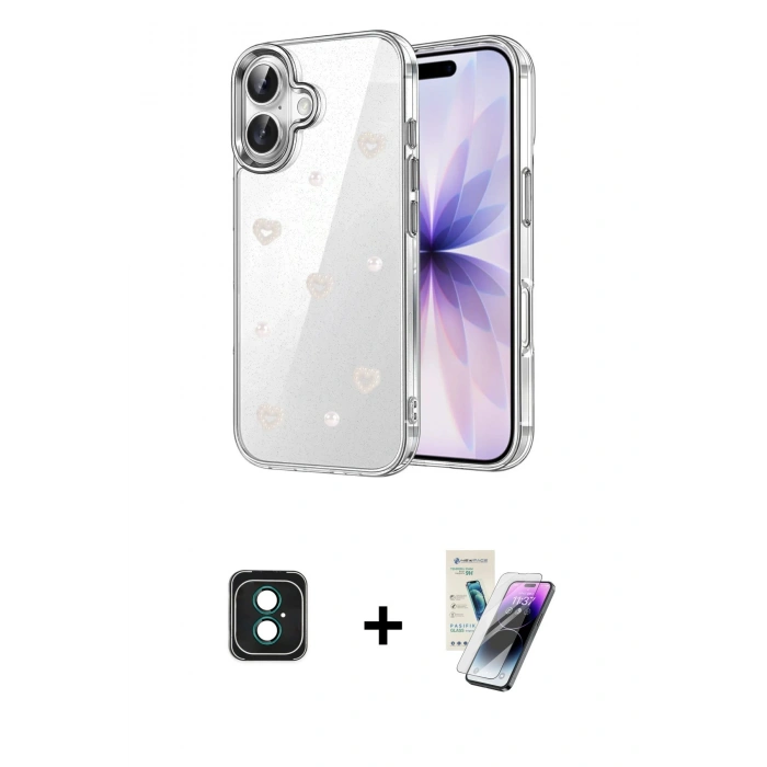 MARSİLYAN™- iPhone 16 Kılıf Yörünge Form - Şeffaf Pasifik Cam Ekran Koruyucu + PVD Metal Kamera Lens - YL