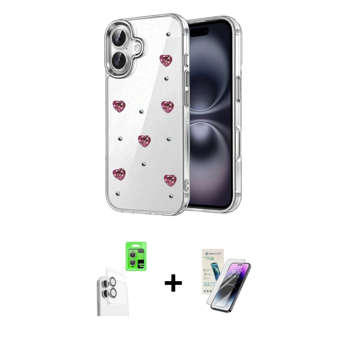 MARSİLYAN™- iPhone 16 Kılıf Yörünge Form - Şeffaf Pasifik Cam Ekran Koruyucu + Raze Metal Kamera Lens - BZ