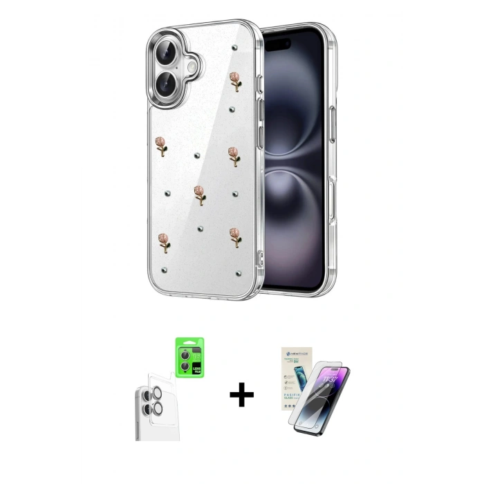 MARSİLYAN™- iPhone 16 Kılıf Yörünge Form - Şeffaf Pasifik Cam Ekran Koruyucu + Raze Metal Kamera Lens - BZ