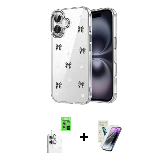 MARSİLYAN™- iPhone 16 Kılıf Yörünge Form - Şeffaf Pasifik Cam Ekran Koruyucu + Raze Metal Kamera Lens - BZ