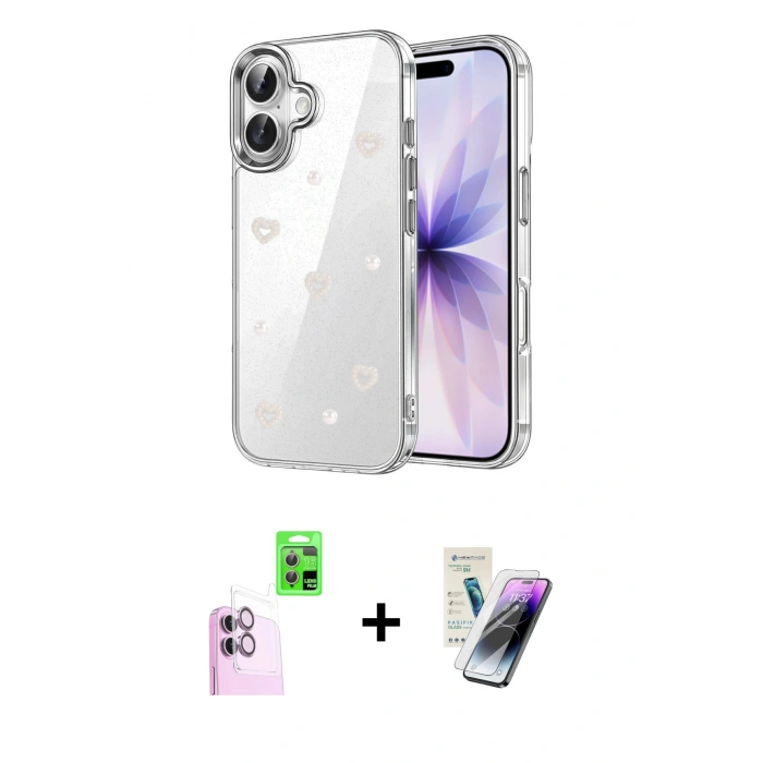 MARSİLYAN™- iPhone 16 Kılıf Yörünge Form - Şeffaf Pasifik Cam Ekran Koruyucu + Raze Metal Kamera Lens - PE