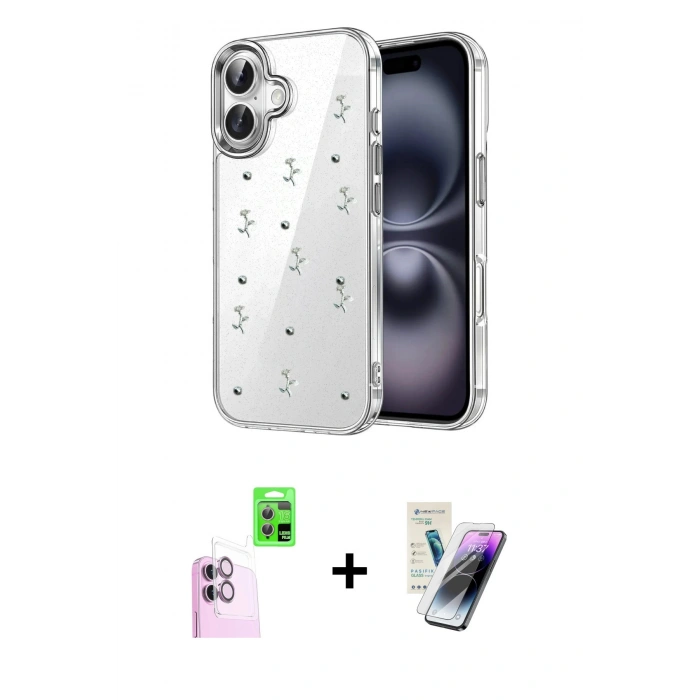 MARSİLYAN™- iPhone 16 Kılıf Yörünge Form - Şeffaf Pasifik Cam Ekran Koruyucu + Raze Metal Kamera Lens - PE