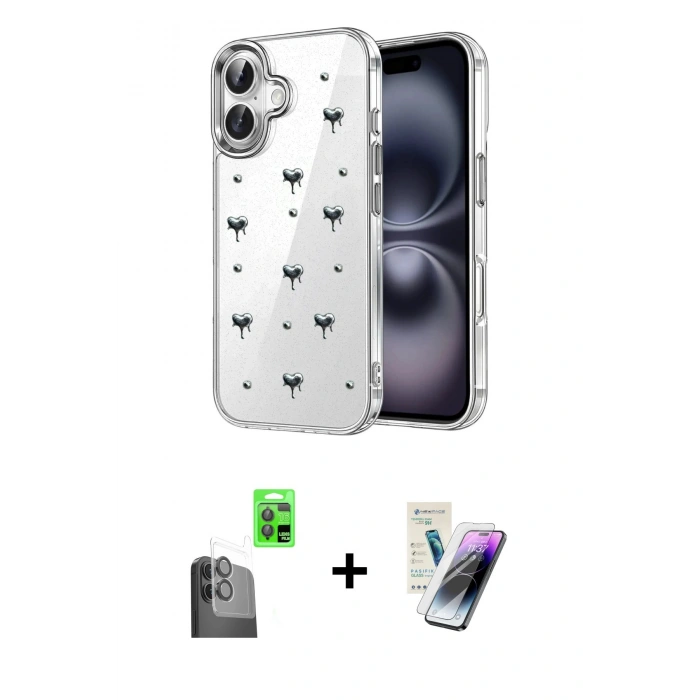 MARSİLYAN™- iPhone 16 Kılıf Yörünge Form - Şeffaf Pasifik Cam Ekran Koruyucu + Raze Metal Kamera Lens - SH