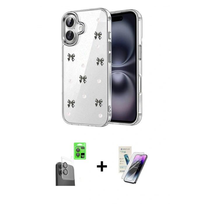 MARSİLYAN™- iPhone 16 Kılıf Yörünge Form - Şeffaf Pasifik Cam Ekran Koruyucu + Raze Metal Kamera Lens - SH