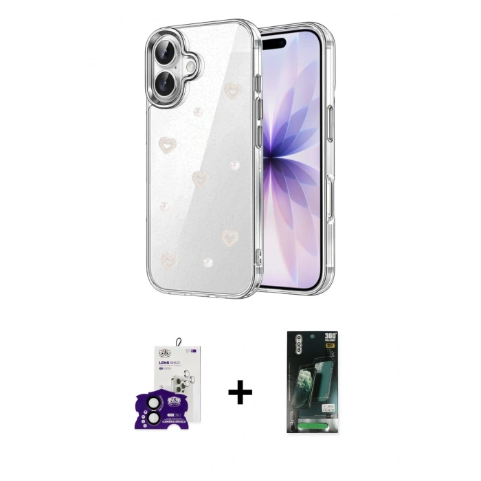 MARSİLYAN™- iPhone 16 Kılıf Yörünge Form - Siyah 360 Mat Full Body Arka Koruyucu + Bilvis Titan Kamera Lens - SH
